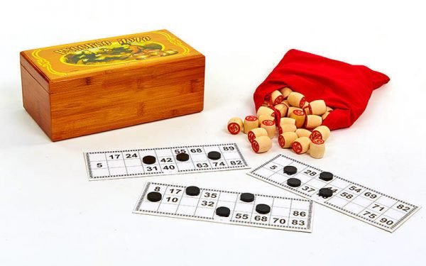Лото настольная игра в бамбуковой коробке (90 дер.боч, 24 карт, 40пласт.фиш, р-р 24x13x9,5см)