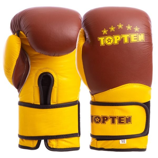 Перчатки боксерские кожаные на липучке TOP TEN   (р-р 10-14oz, цвета в ассортименте) - Коричневый-желтый-12 унции