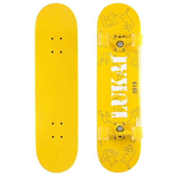 Скейтборд в сборе (роликовая доска) со светящимися колесами LUKAI (колесо-PU, р-р деки см, желтый)